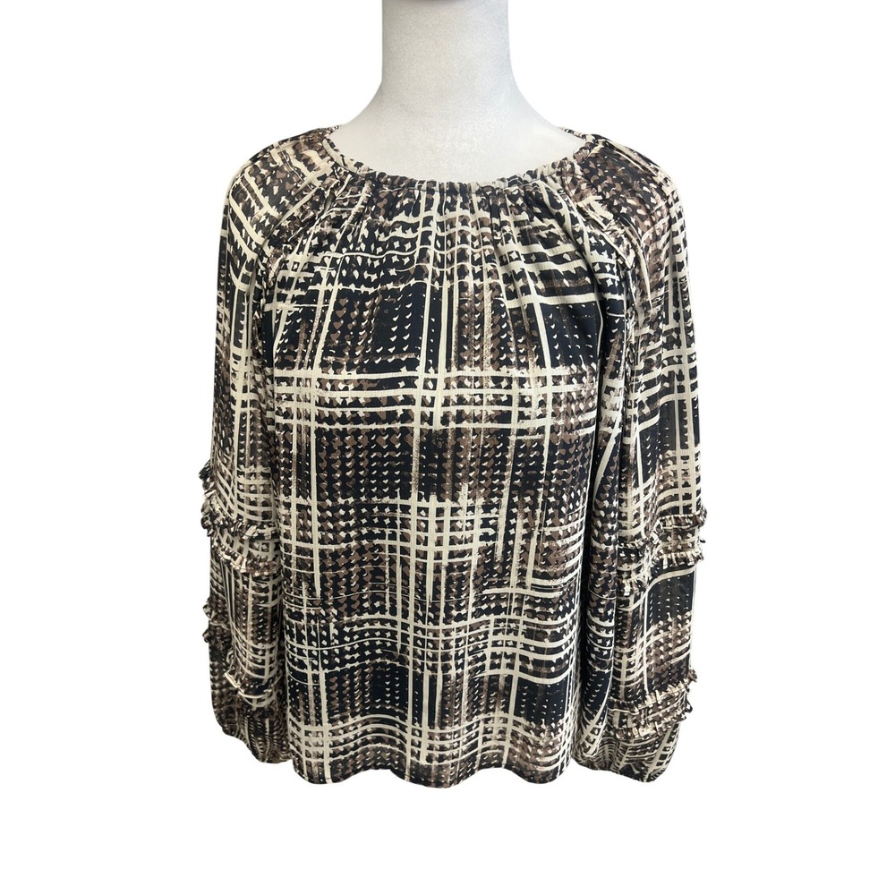 Evereve Blouse Long Sleeve Abstract Plaid Ruffle Sz M Black Brown Boho Office